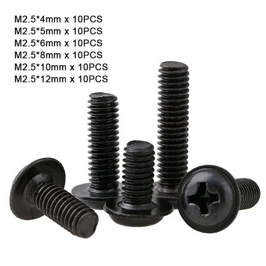 60Pc M2.5*4-12mm Flanged Phillips Dome Button Head Machine Screws Kit Black Zinc