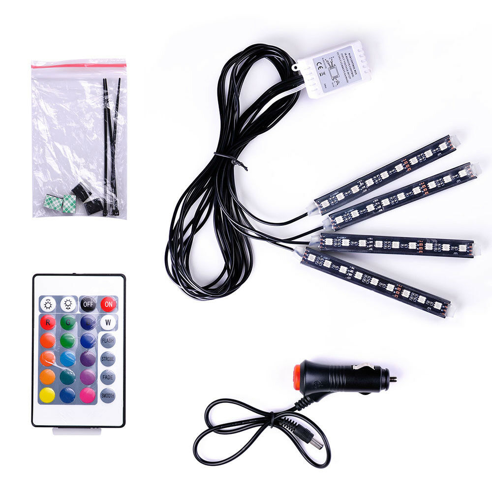 4x 9 LED Remote Control Colorful RGB Car Interior Floor Atmosphere Light Strip