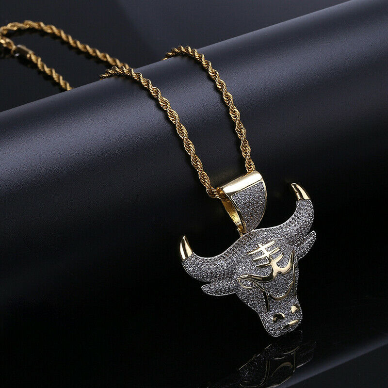 Hip Hop Fashion Full Rhinestone Bull Head Pendant Necklace Stainless Stee.l8