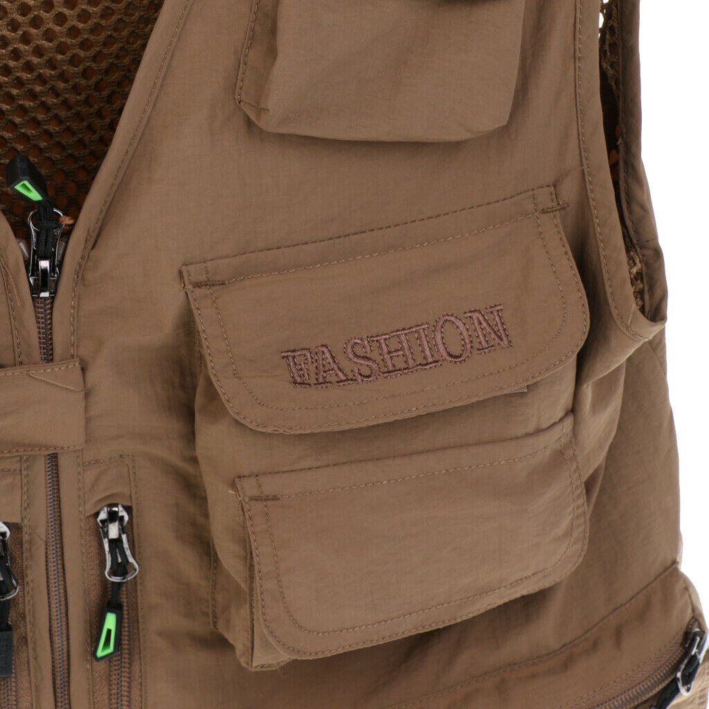 Mens Outdoor Multi-Pocket Fishing Hunting Vest Photography Jacket Khaki 3XL