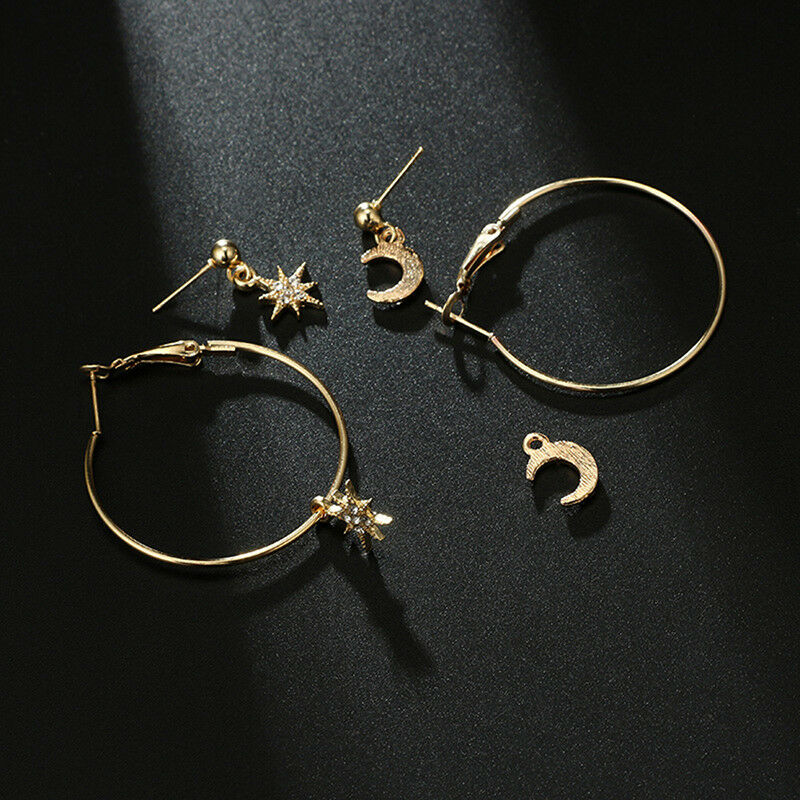 4X Bohemian Large Circle Earrings Ear Clip Crystal Moon Star Stud Jewelry LDU Xz