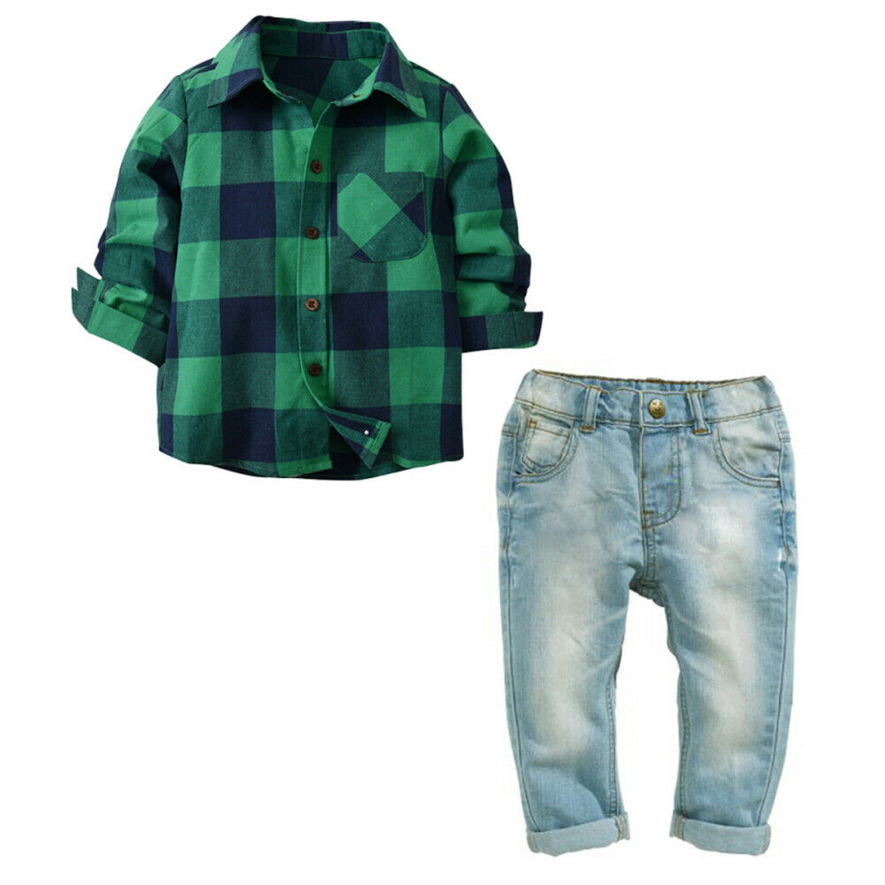 Boys Baby Clothes Set Gentleman Suit Kids Long Sleeve Plaid Shirt+ Jeans Pant