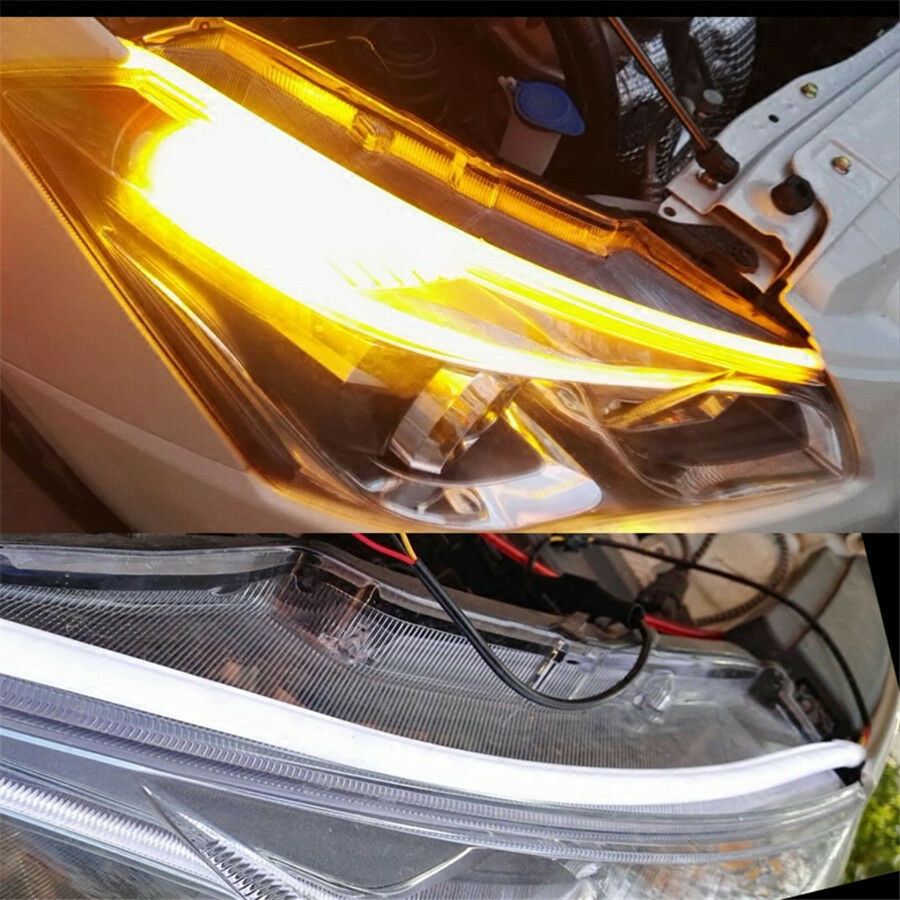 1 Pair Flexible Bendable 30cm White DRL +Amber Flowing Turn Indicator LED Strip