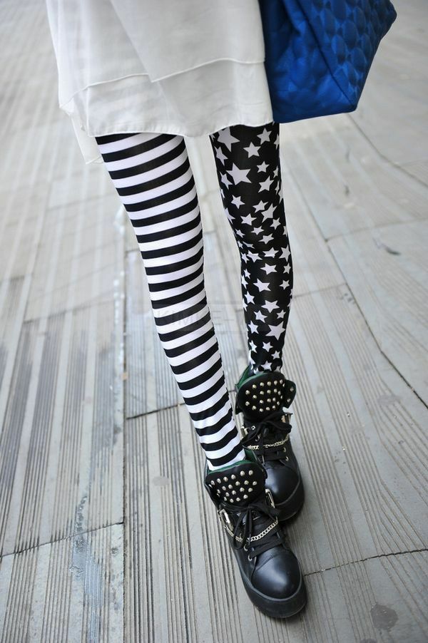 Graffiti fashion milk silk striped black and white stitching leggings wild Stars