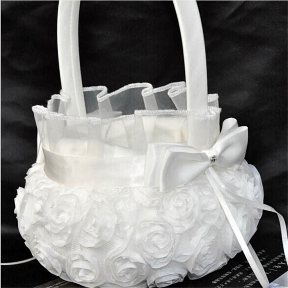 Wedding Ceremony Party Love Case Satin Bowknot Rose Flower Girl Basket BDAU