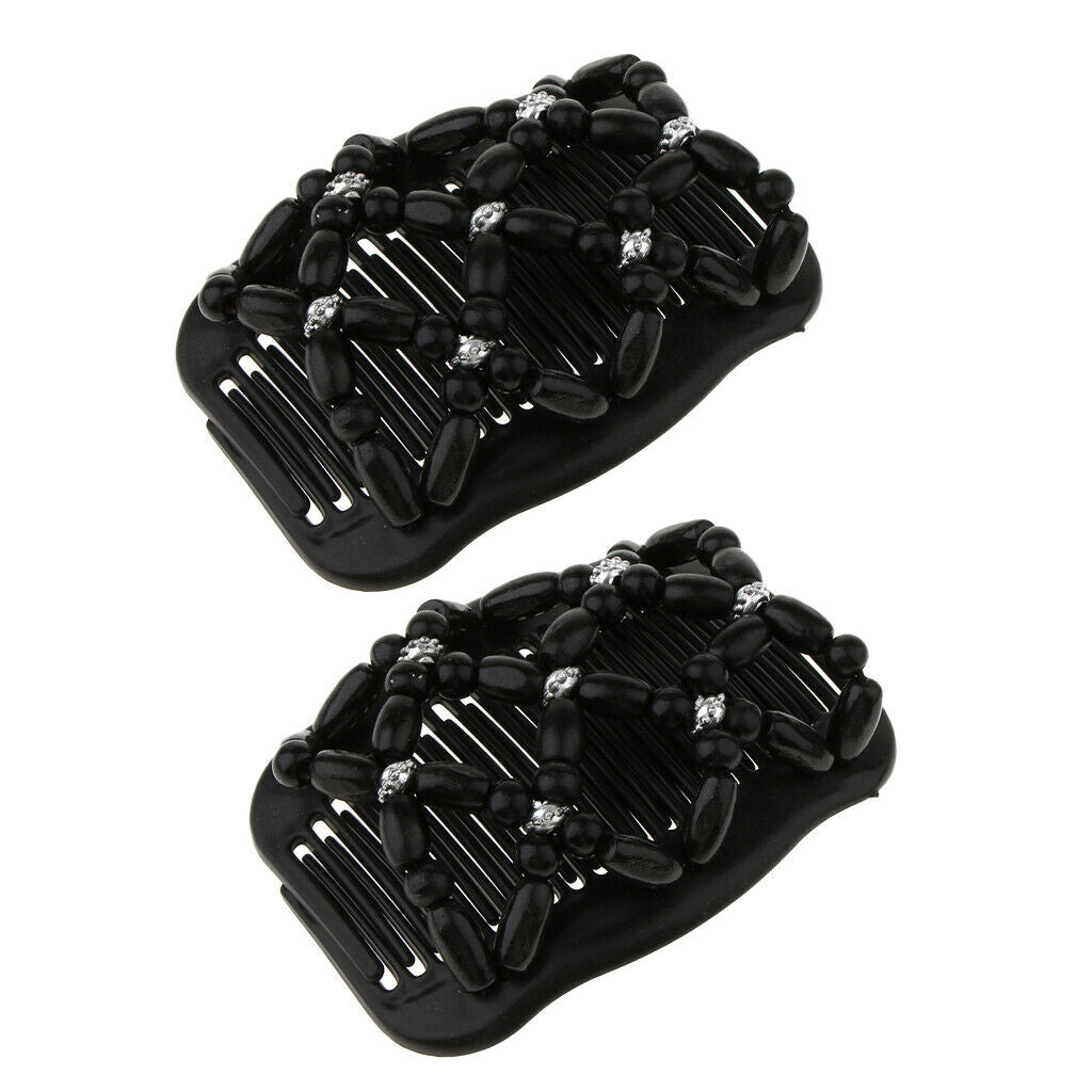 2 Double Slide Hair Comb Ladies Stretchy  Wood Beads Hair Clip Hair Styling