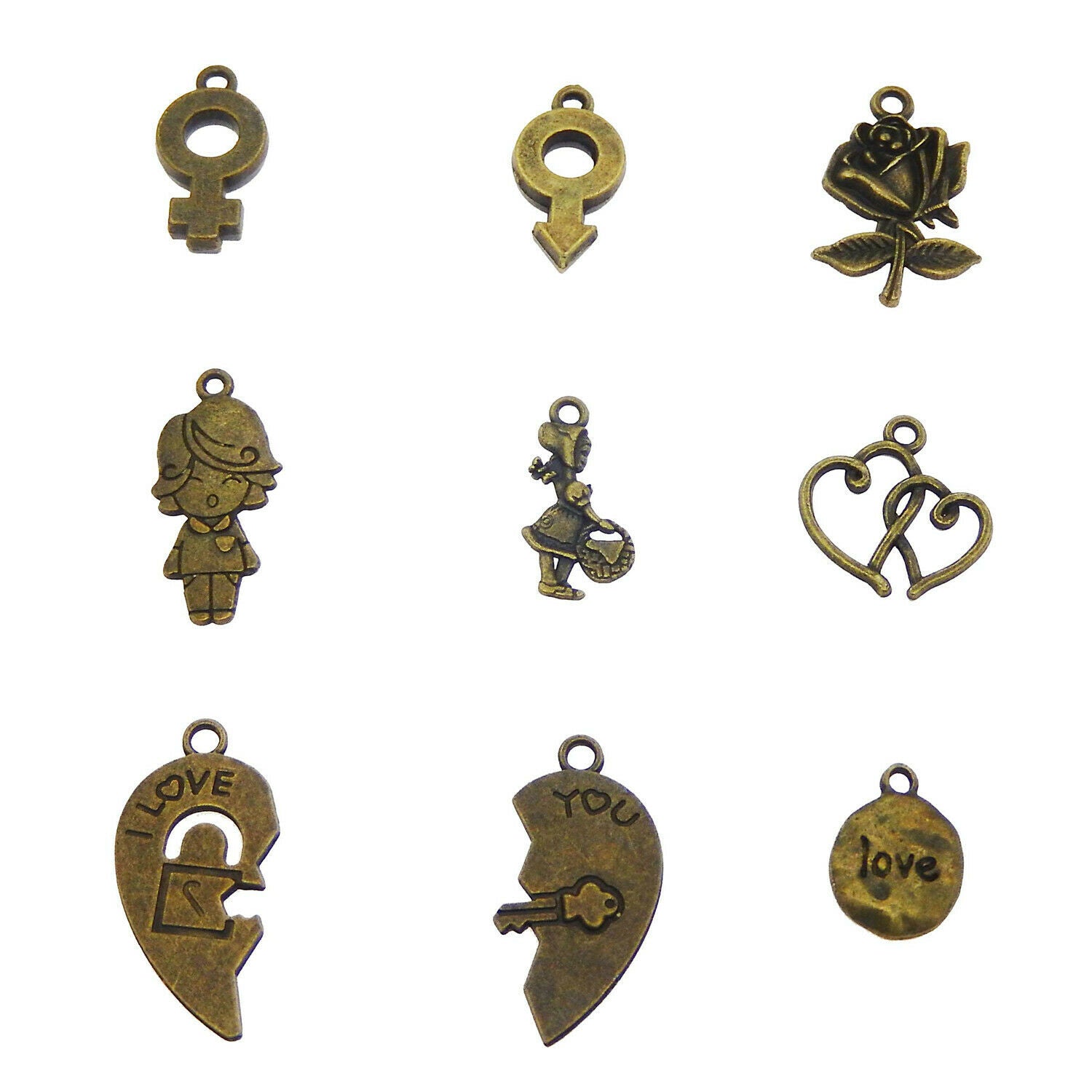 27 Mix Antiqued Bronze Love Symbol Pendant Charm Valentine's Day Jewelry Crafts
