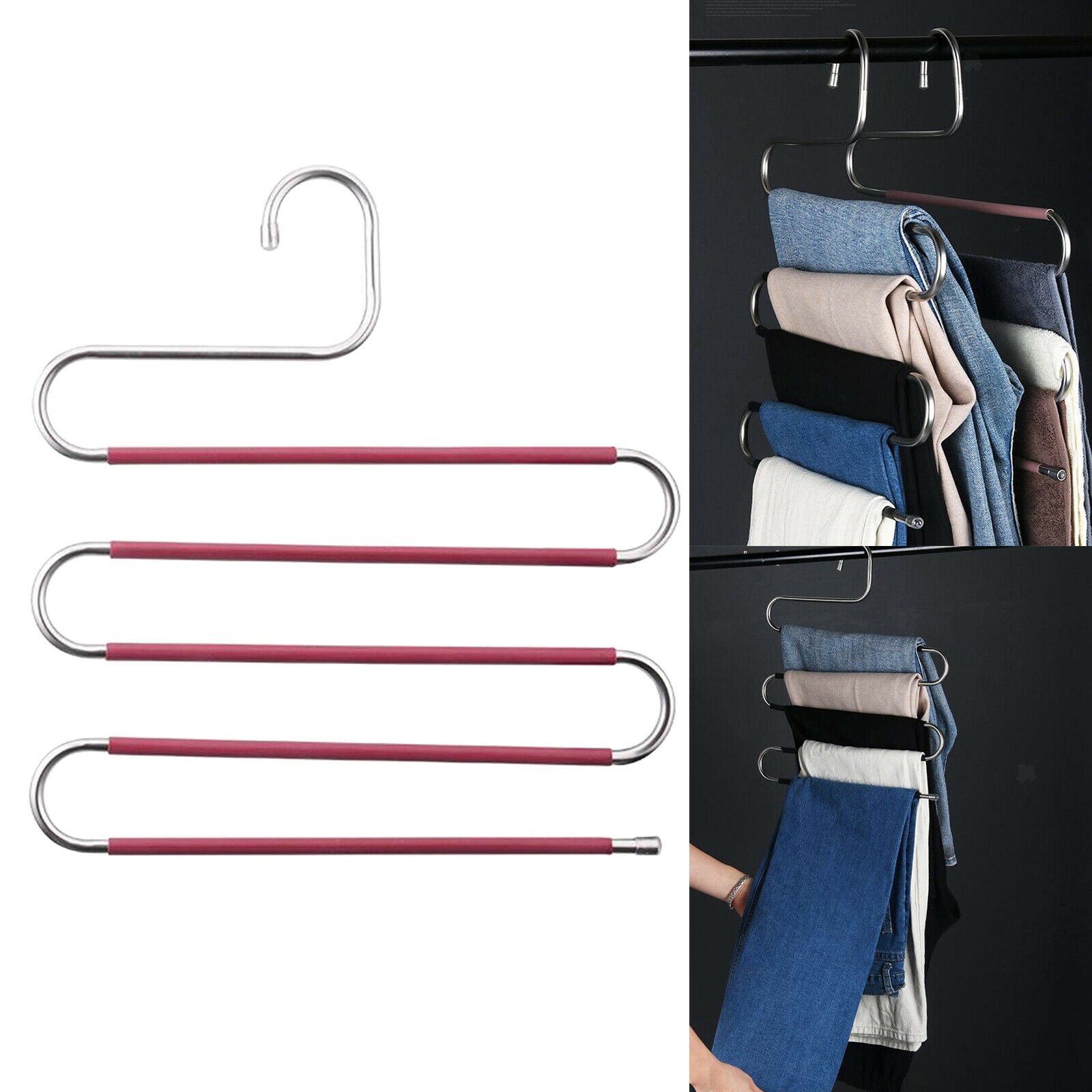 Pants Clothes Storage Rack Pants Tie Storage Shelf Closet Organizer Rose Red