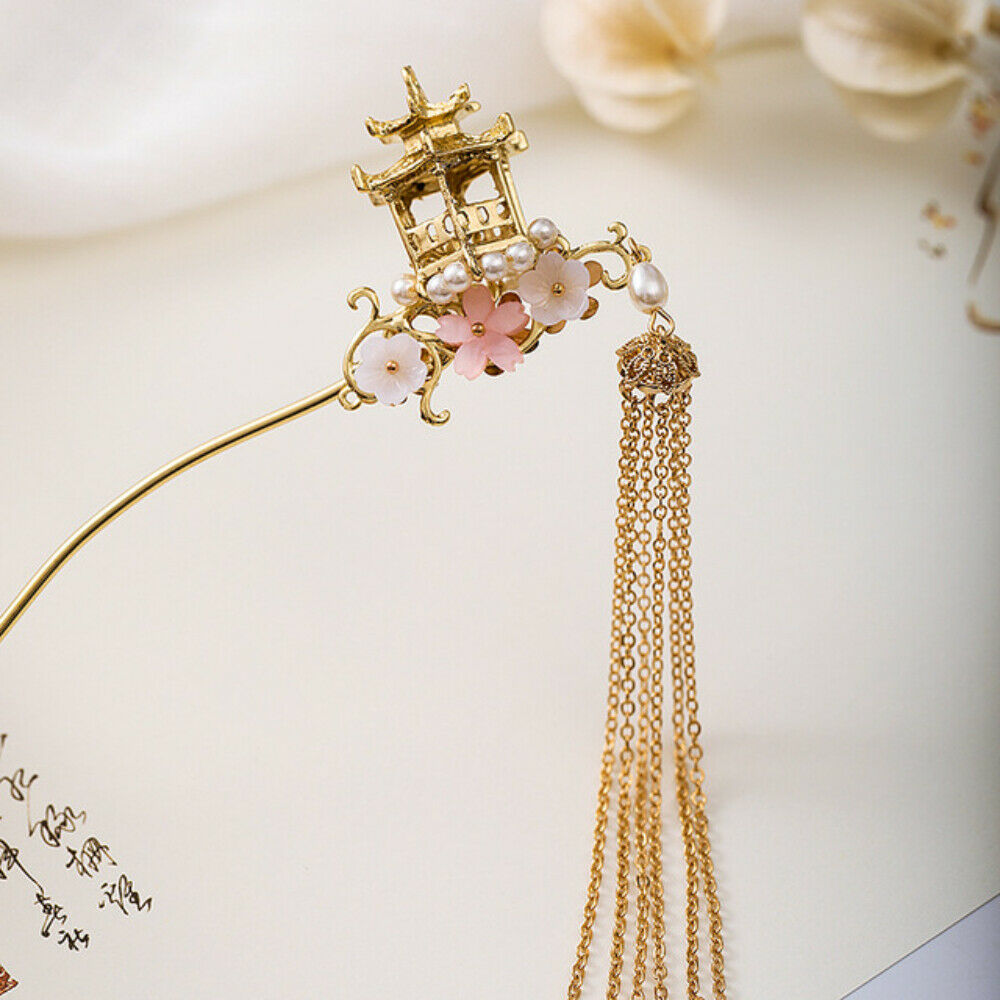 Chinese Hairpin Flower Pavilion Tassel Kanzashi Step Shake Hair Clip Fairy