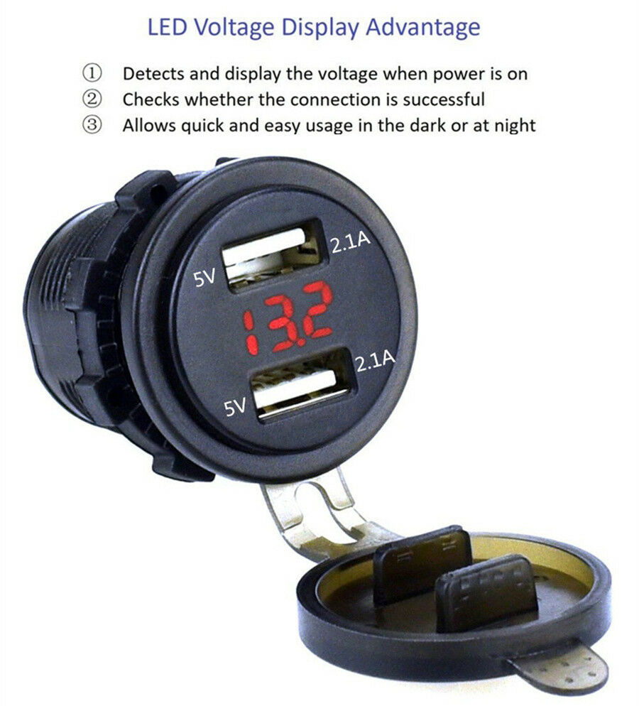 12-24V Car Motorcycle 4.2A Dual USB Charger Socket with Red LED Voltmeter &Cable