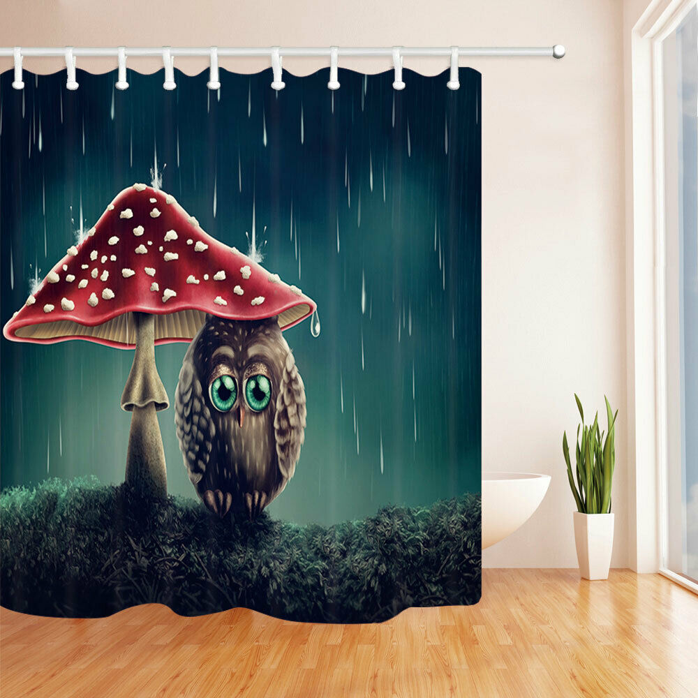 Owl Under Mushroom Umbrella Fabric Bathroom Shower Curtains & Hooks 71x71"
