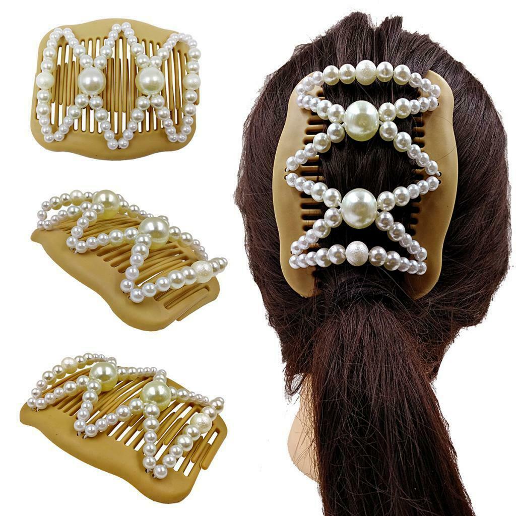 Retro Style Double Hair Combs Clips Stretch Beaded Hairpin for Thick Hair