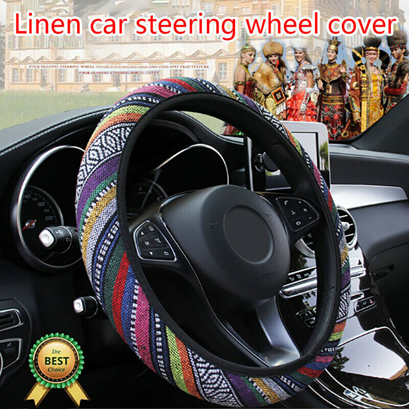 1x Pretty Ethnic Auto Car Steering Wheel Cover Breathable Flax Universal .l8