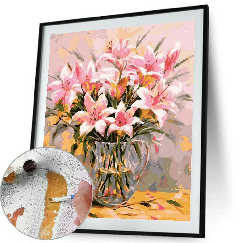 Painting By Numbers Kit DIY Lily Flower Hand Painted Canvas Oil Art Picture @