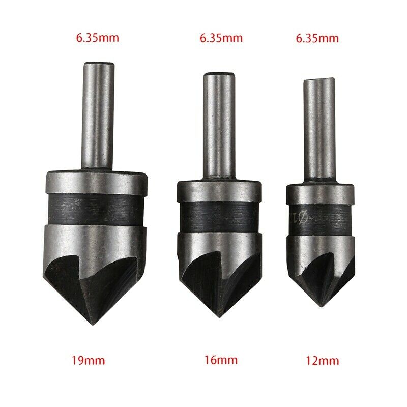 3pcs 5 Flute Countersink Drill Bit Set 90 Degree Chamfe Cutter For Wood Metal M2