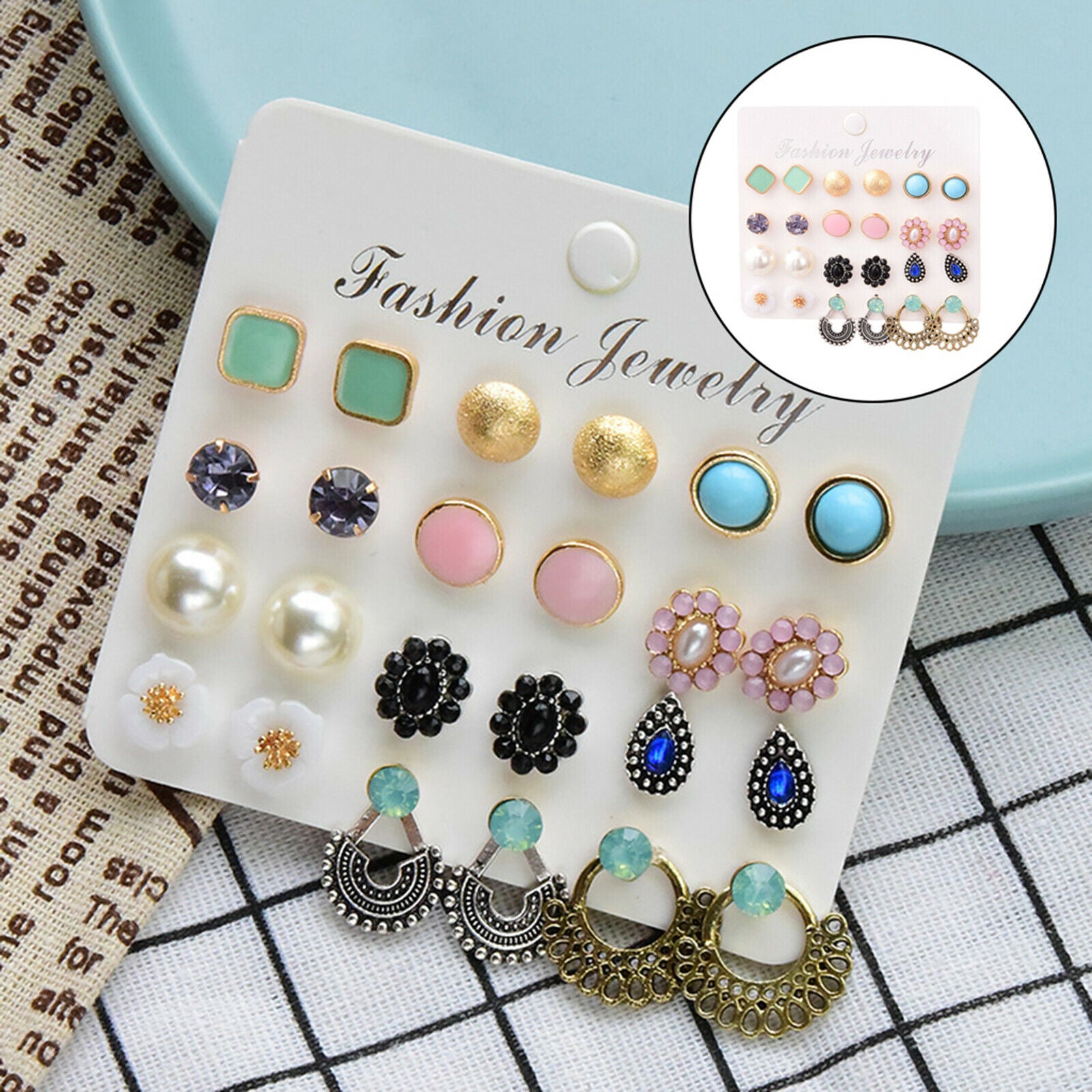 12 Pairs Earrings Ear Cuff Glass Rhinestone Set for Women Jewel Easy Wear