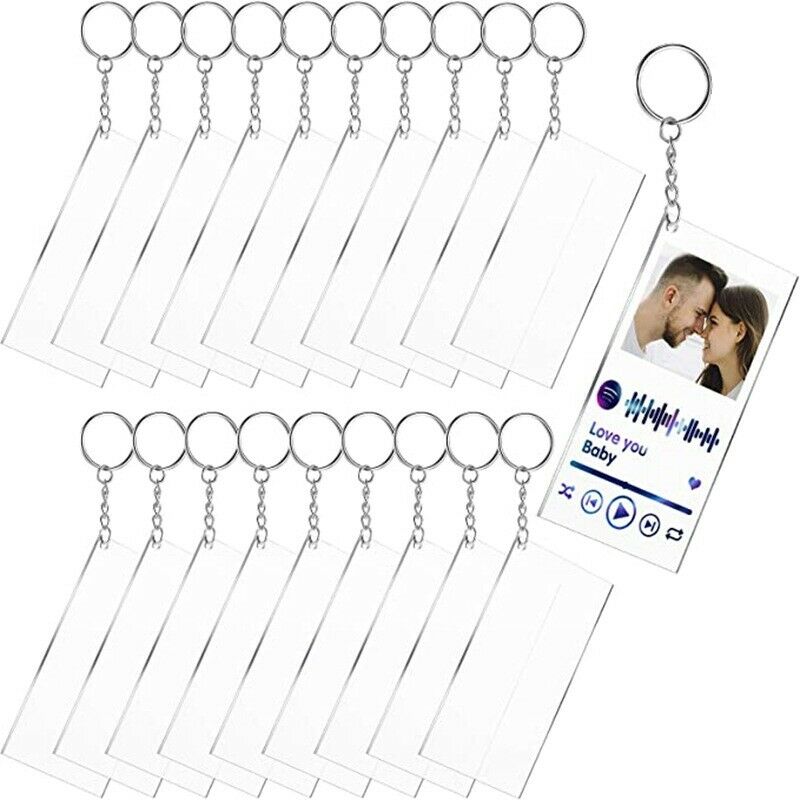 20Pcs Blank Keyrings Acrylic Clear Rectangle Discs Pendant Keychain DIY Making