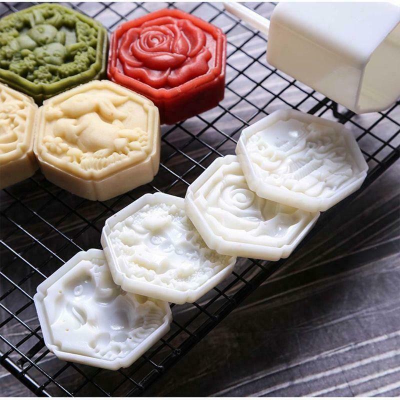 50g Mooncake Barrel Mold with 4pcs Square Flower Stamps Hand Press Moon Cake