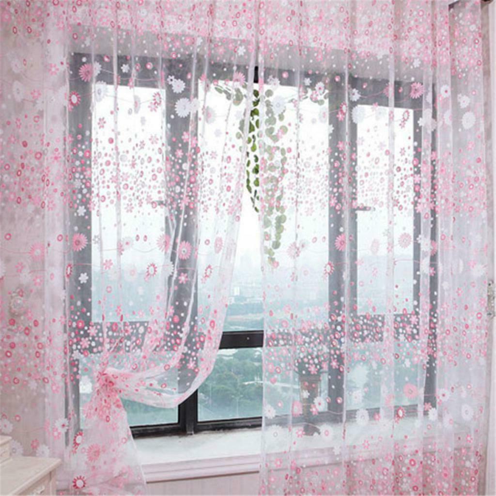 Rod Pocket Rural Floral Print Sheer Window Curtain Voile 150x250cm Pink