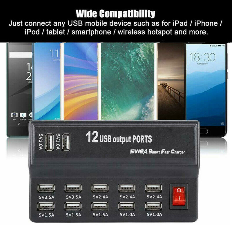 Multi 12-Ports USB Phone Charger Socket Fast Charging Station Hub Wall Adapter