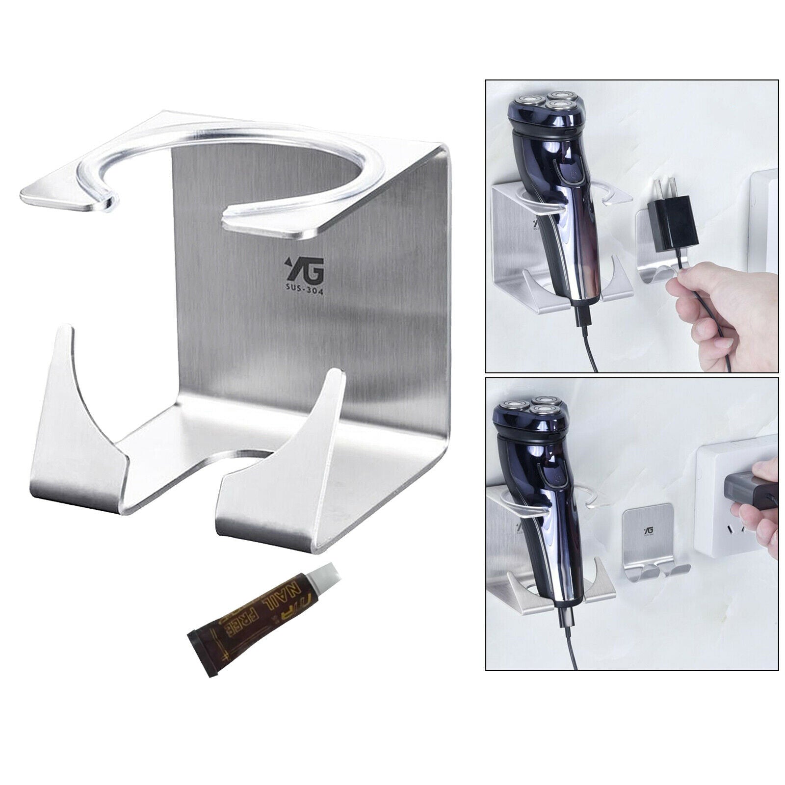 Stainless Adhesive Hooks Set Hanger Power Plug Socket Hook + Shaver Rack