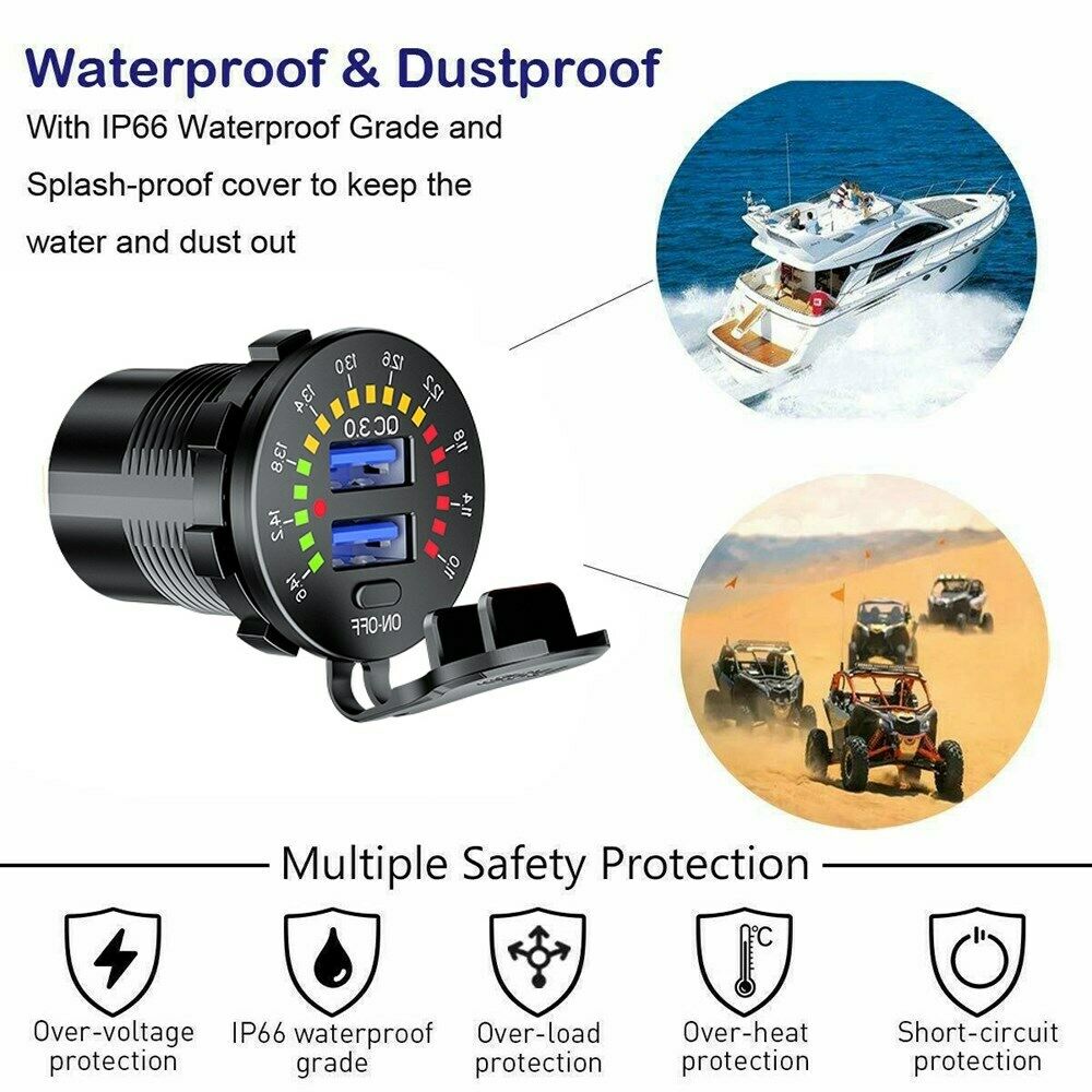 Dual USB Car Charger Socket Power Outlet QC3.0 36W LED Voltmeter for Car Boat