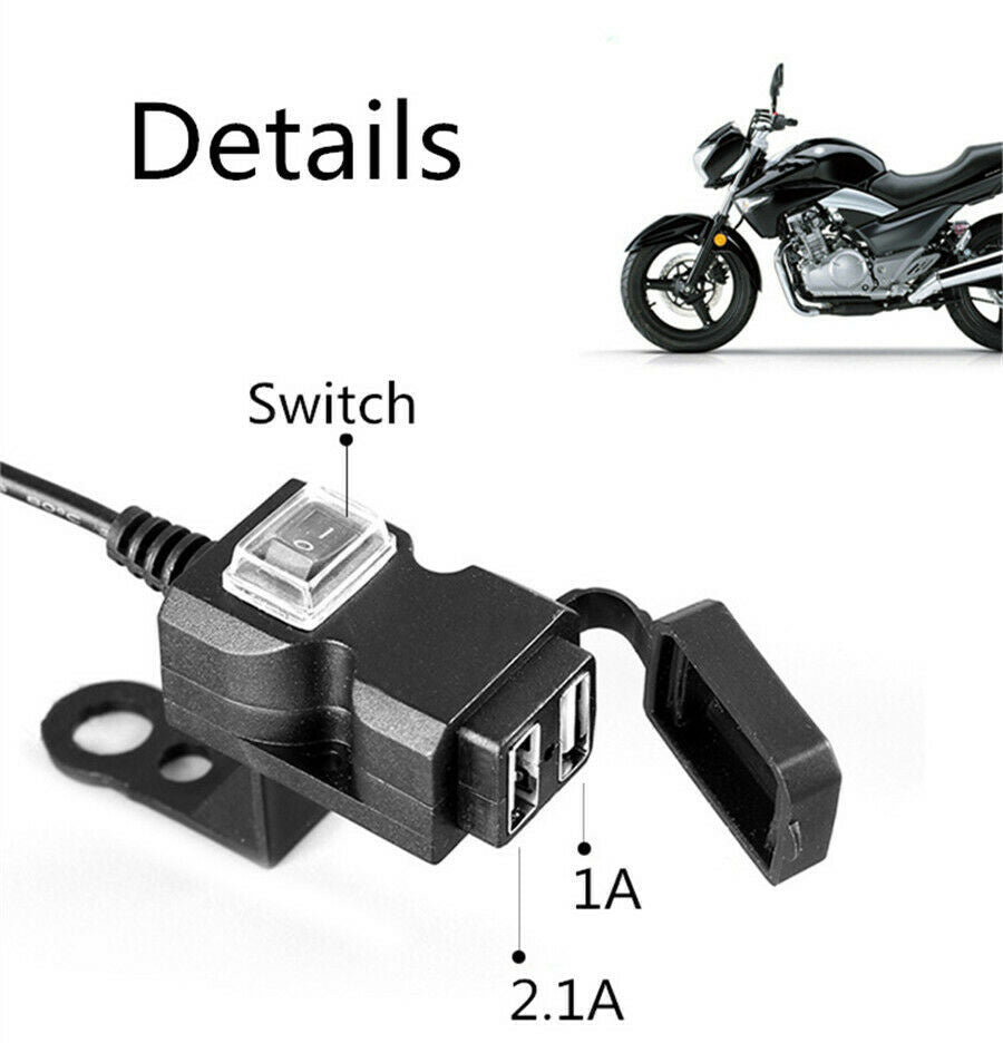 1x Motorcycle USB Charger with Mounting Accessories Synthetic Plastics 12V-24V