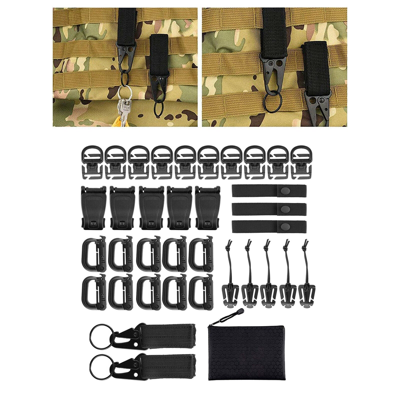 Kit of 35 Molle Attachments for Webbing Key Ring 360 Rotation Gear Clip