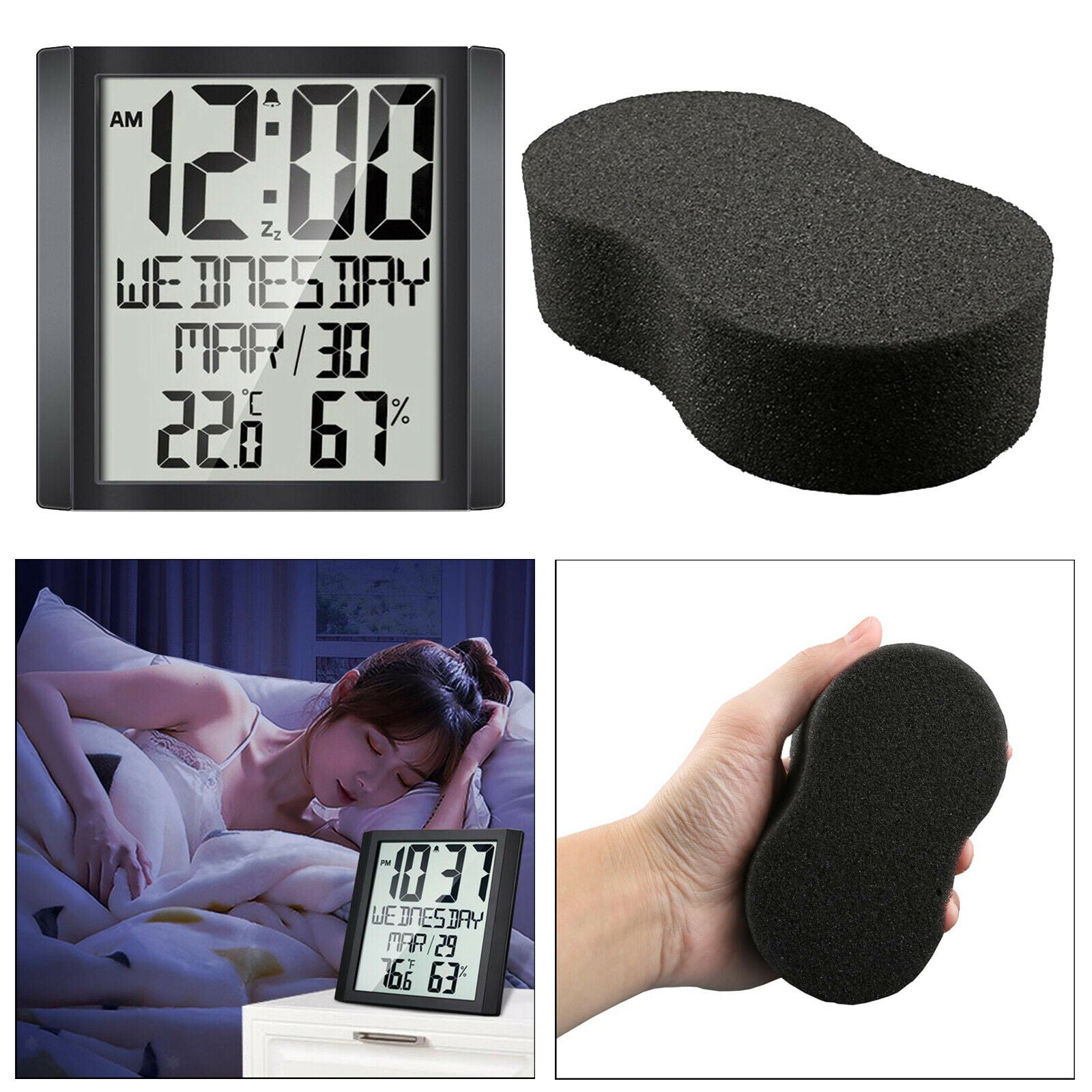 Compact digital day clock. Large display temperature and humidity display