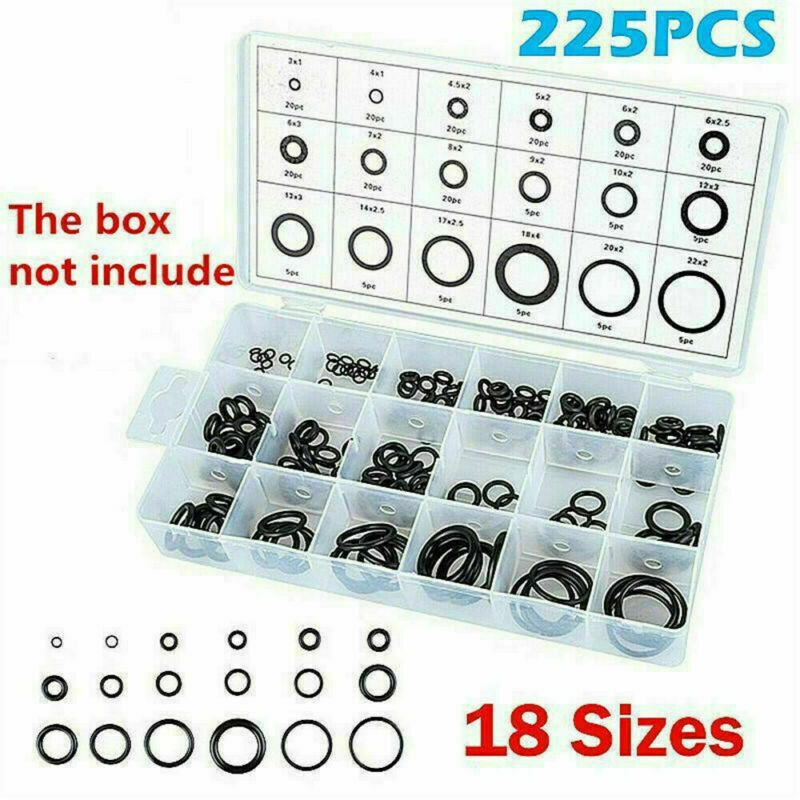225Pcs 18-Sizes Rubber O-Ring Washer Assortment -Set Gasket Automotive Seal Kits