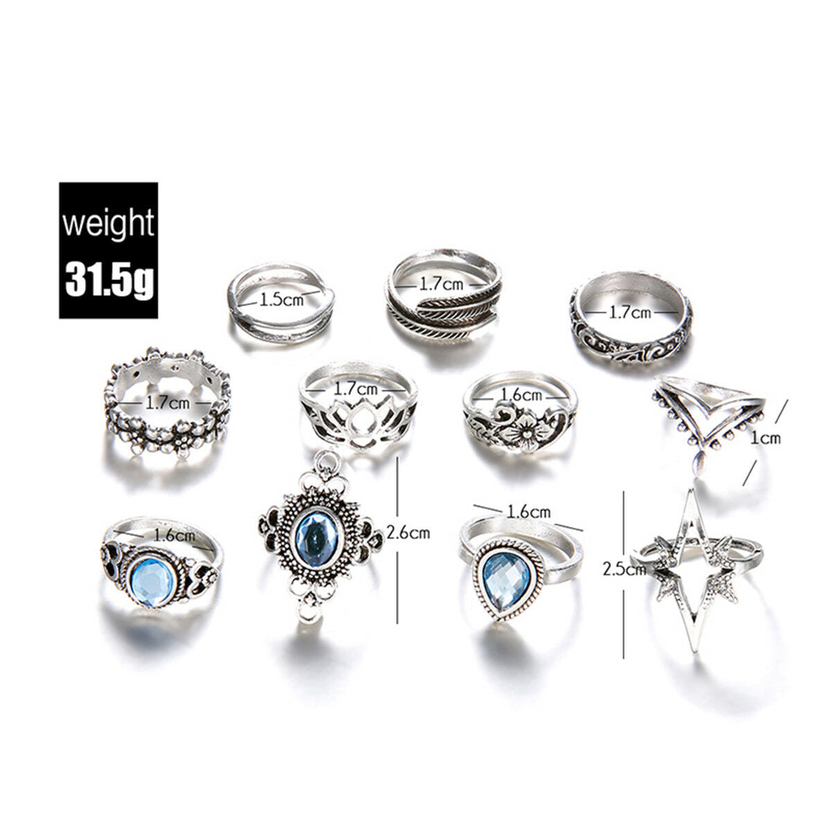 11Pcs/Set Boho Women Blue Crystal Flower Rings Set Leaf Lotus Knuckle Midi Rings
