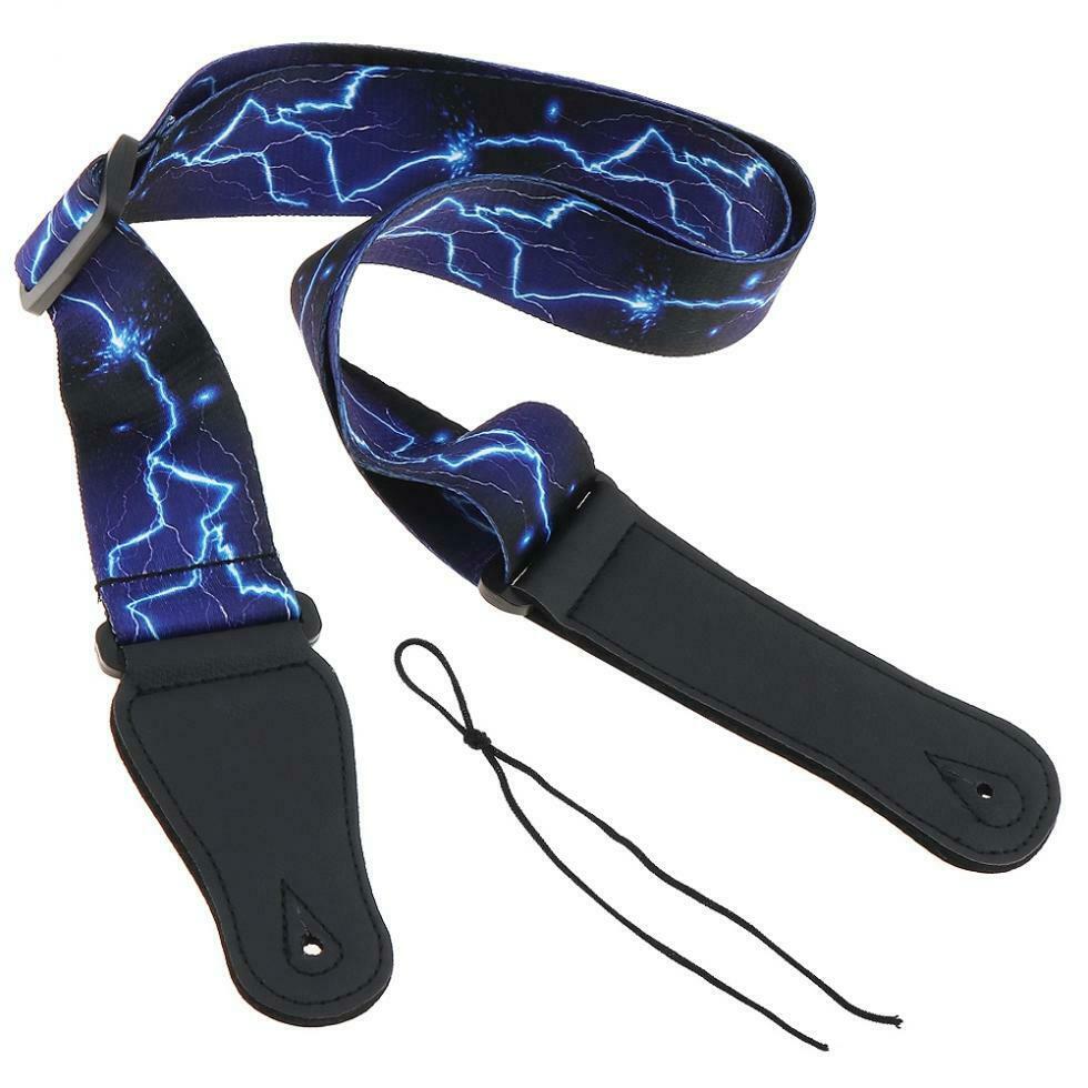 Adjustable Guitar Strap with Blue Lightning Pattern for Acoustic Bass Guitar
