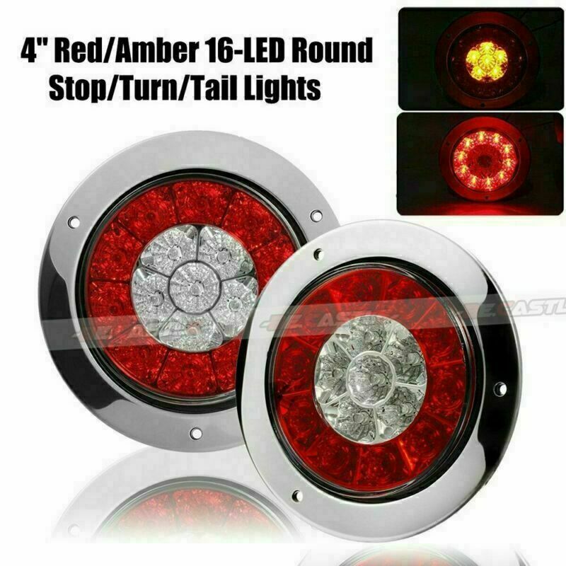 2x 4" Round Truck Trailer RV Brake Stop Turn Tail Signal Light Red Amber 16 LED