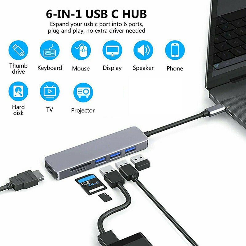 6 in 1 USB C Hub Type C to USB3.0 HDMI PD Card Reader Adapter for MacB LpC Tt