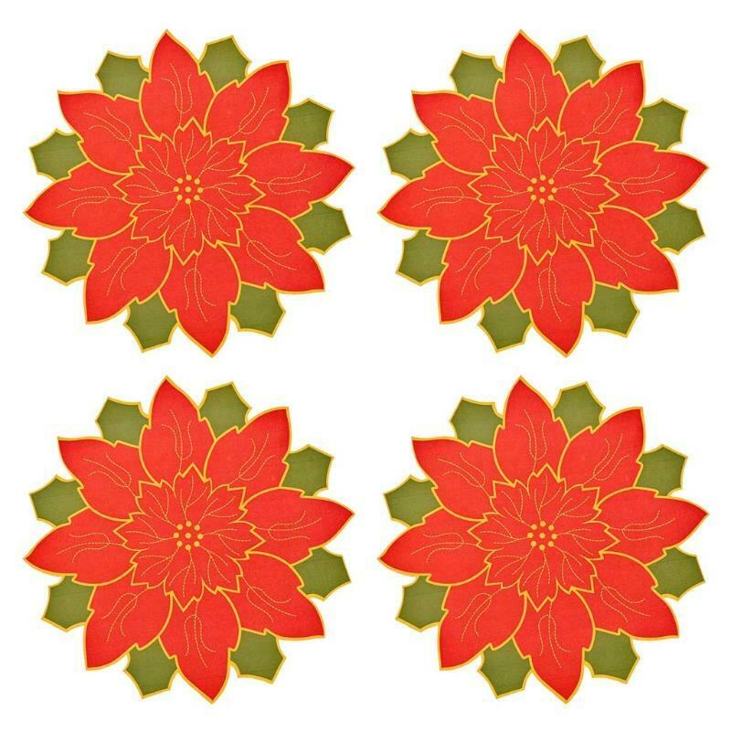4 Pcs Christmas Flower Placemat Cutwork Embroidered Floral Christmas Flowers