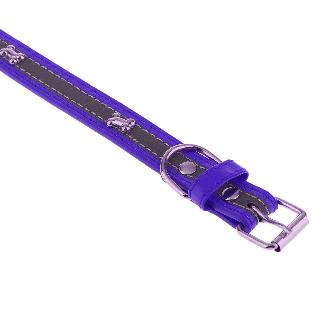 Pet Puppy PU Leather Belt Bone Reflective Safety Buckle Dog Collar-Purple
