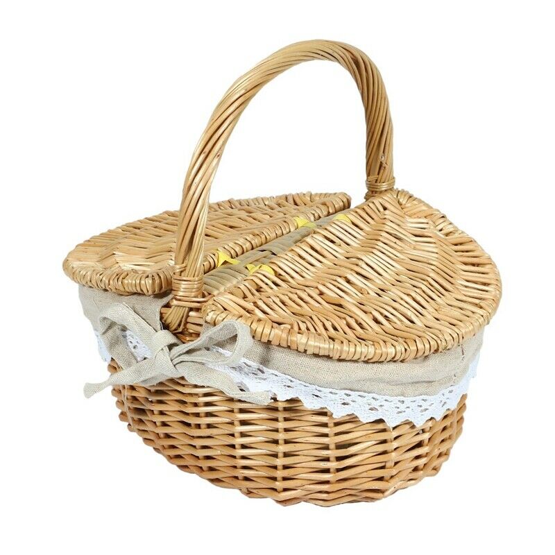 1X(Handmade Wicker Basket with Handle, Wicker Camping Picnic Basket with Dou6H2)