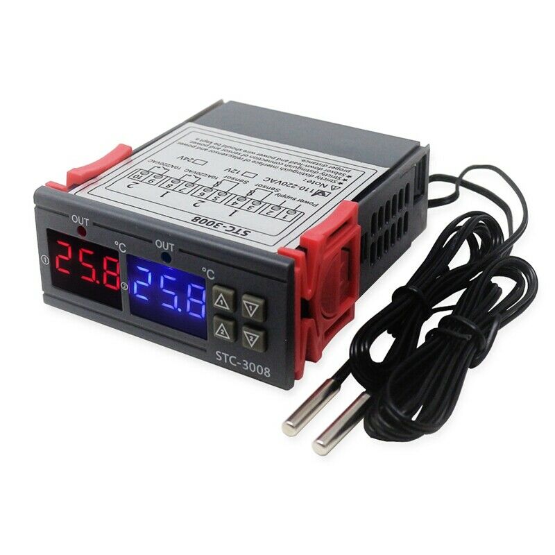 STC-3008 Dual Digital Incubator Thermostat Display Temperature Controller 12V T2