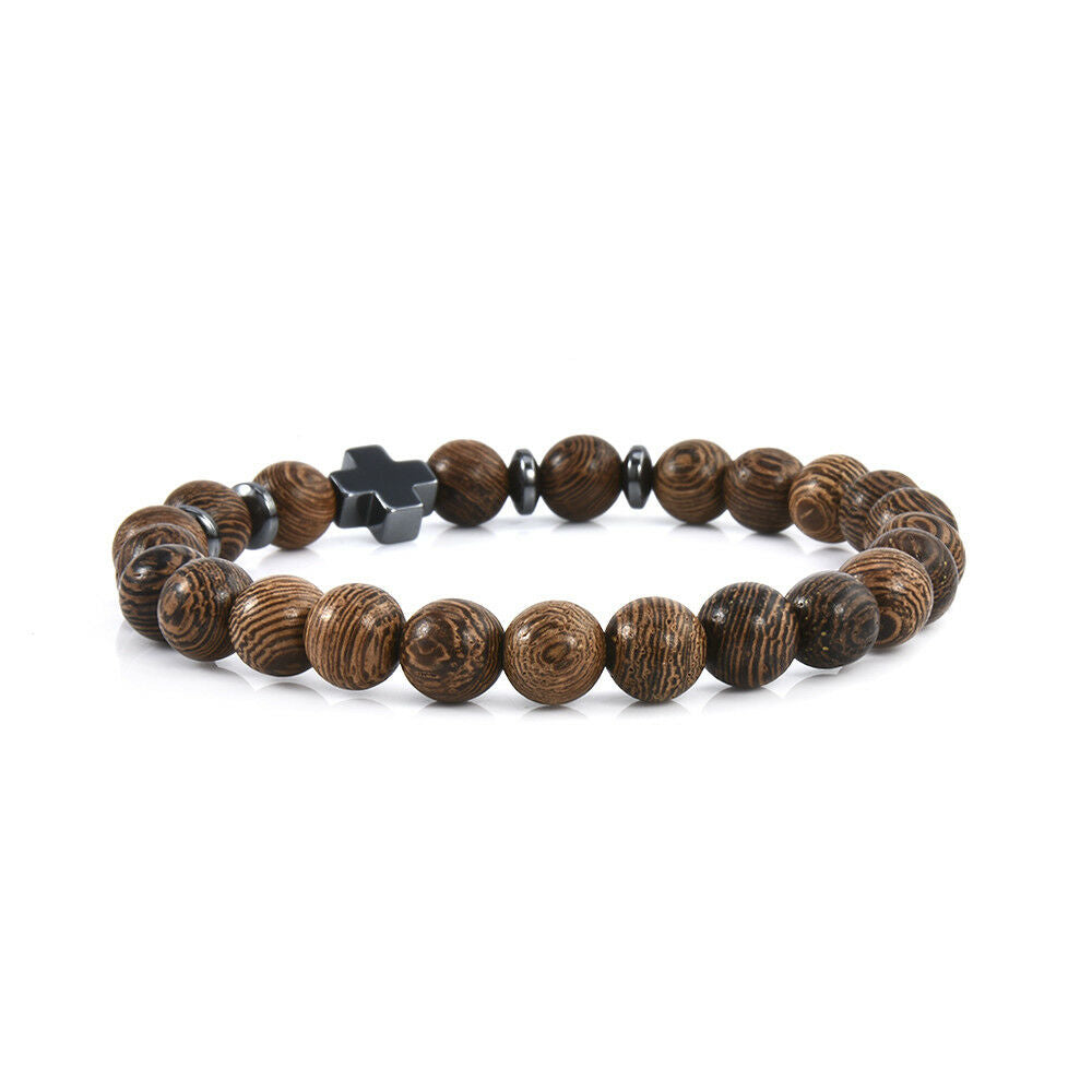 Hot Men Women Hematite Cross Wooden Bracelets Stretchy Wooden Bracelet Beads JT