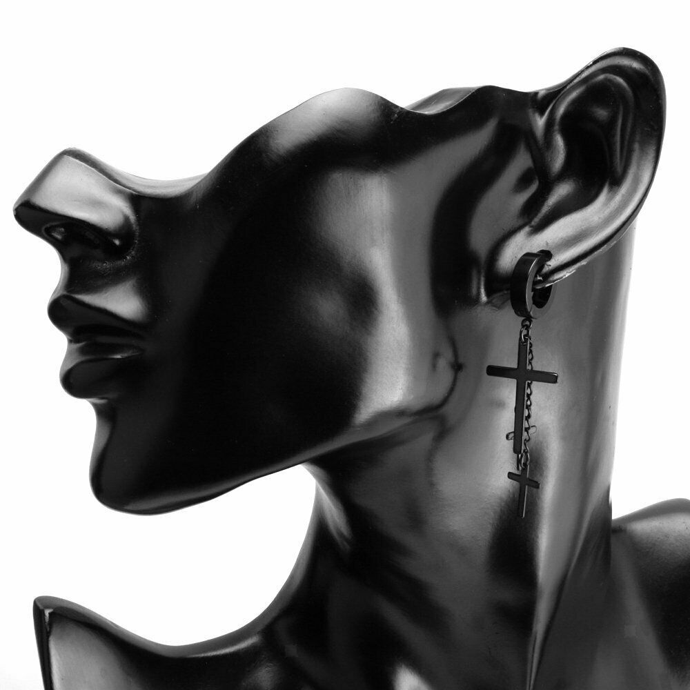 2pcs Stainless Steel Double Cross Dangle Chain Men's Hoop Earrings Black