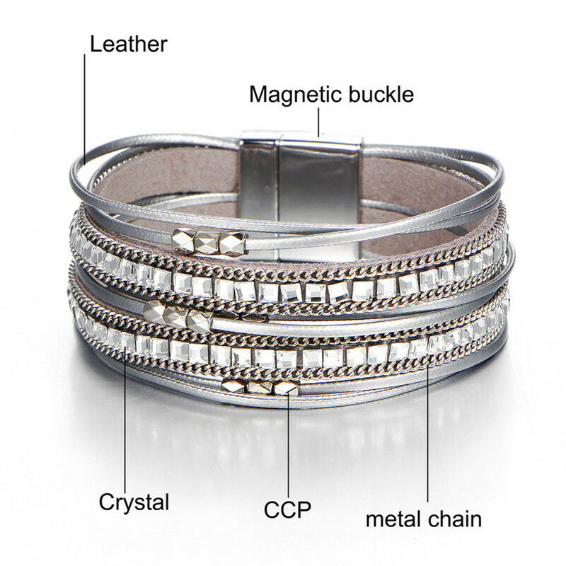 Women Multilayer Crystal Leather Magnet Wrap Cuff Charm Bracelet Jewelry .l8