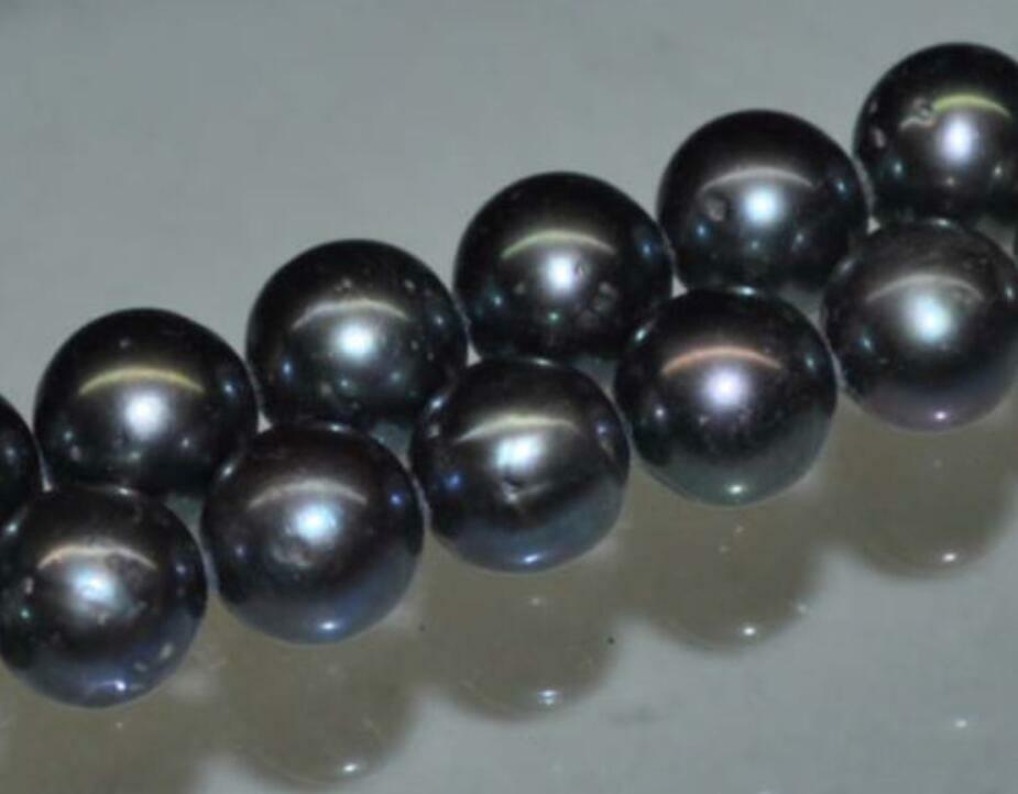 Natural 2 Strands AAA 9-10mm luster black round Tahitian pearls Loose Bead 15"