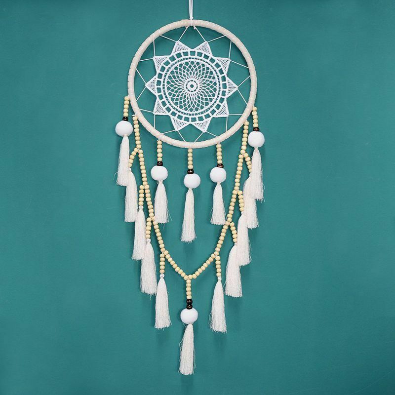 Macrame Wall Hanging Dream Catcher Large Natural Hairball (Beads with tassel) V8