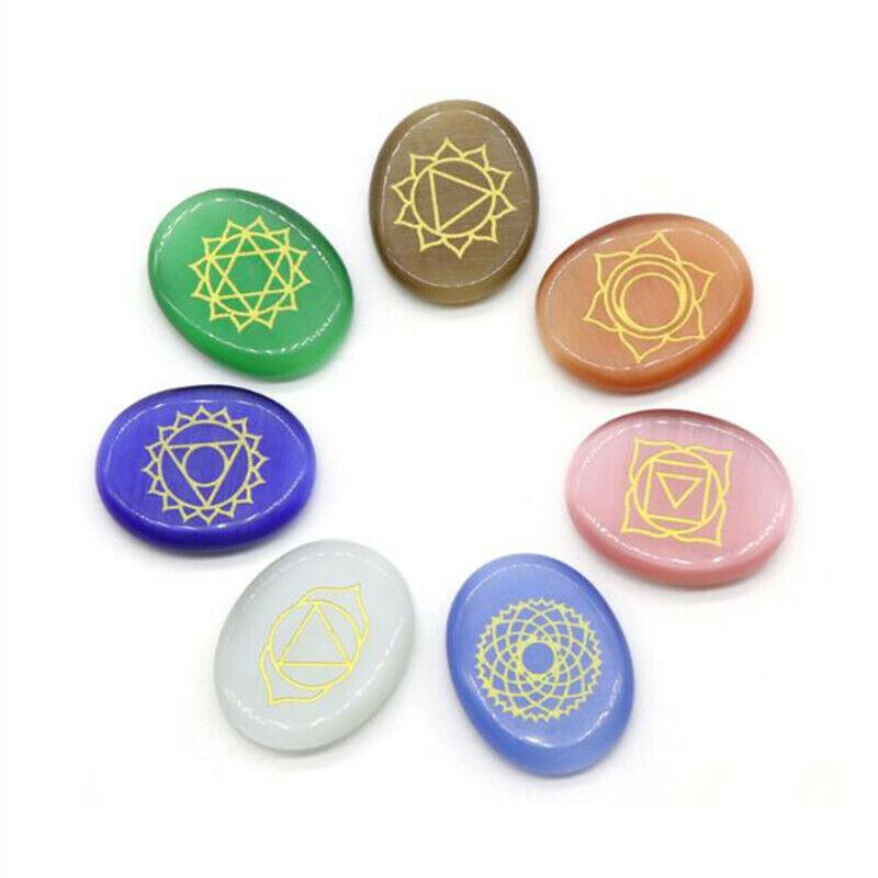 7pcs/Set Engraved Chakra Stone Palm Stone Crystal Reiki Healing Symbols StonBDA