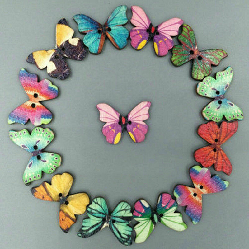 Lot 50x Mixed Bulk Butterfly Phantom Wooden Sewing Buttons Scrapbooking 2-Holes