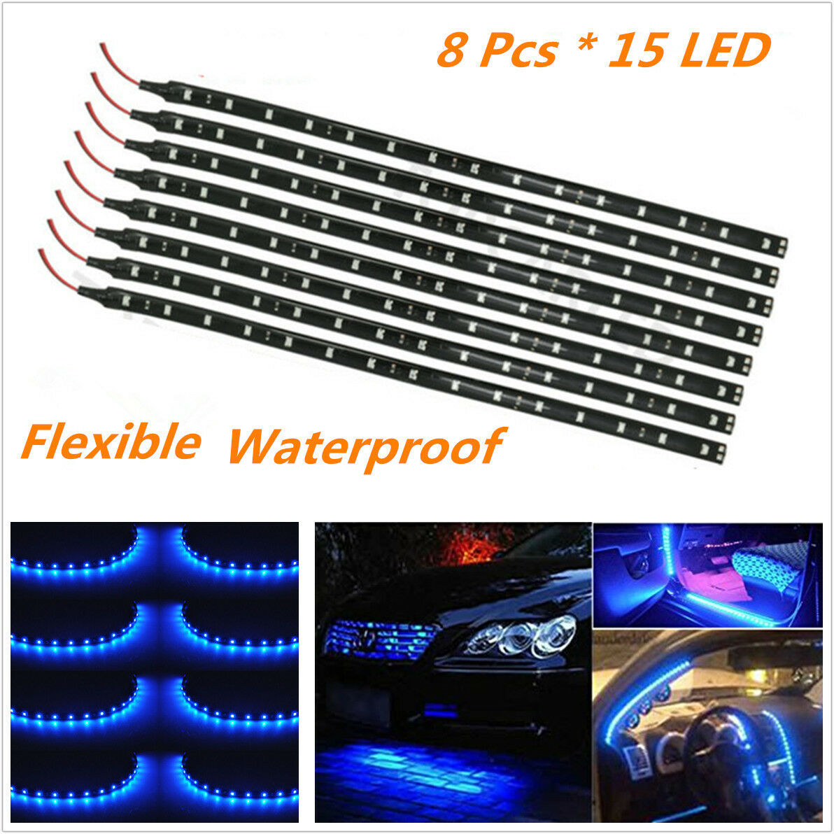 8pc 15LED Waterproof Car Grill Flexible Light Strip Car Interior Atmosphere Lamp