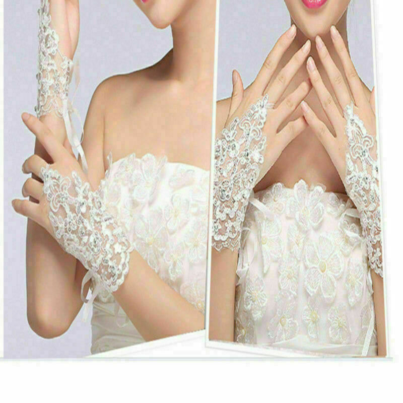 New Lace white Fingerless Short Paragraph Rhinestone Bridal Wedding Gloves