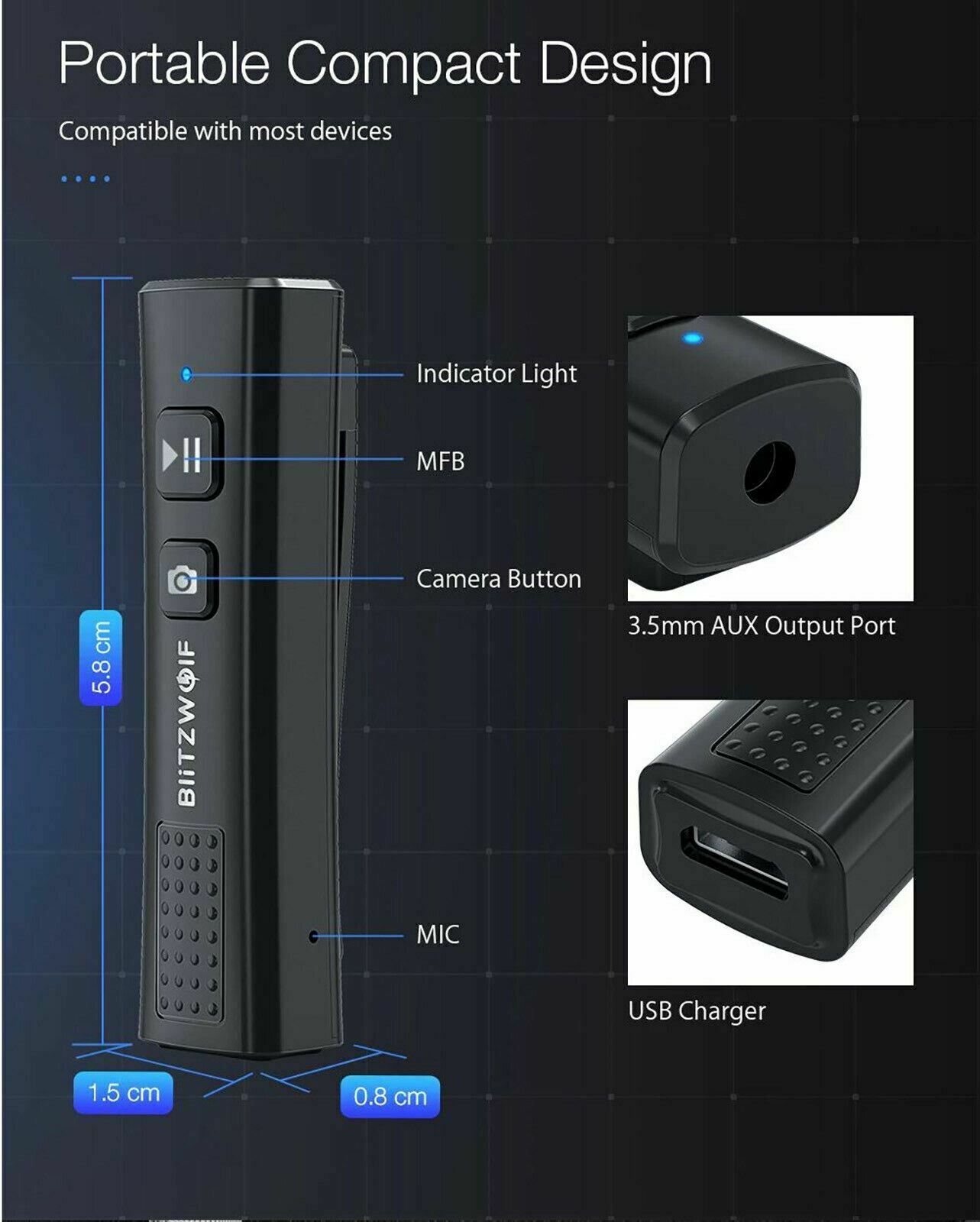 BlitzWolf 2 in 1 Mini Wireless Stereo USB Bluetooth V5 AUX Music Audio Receiver