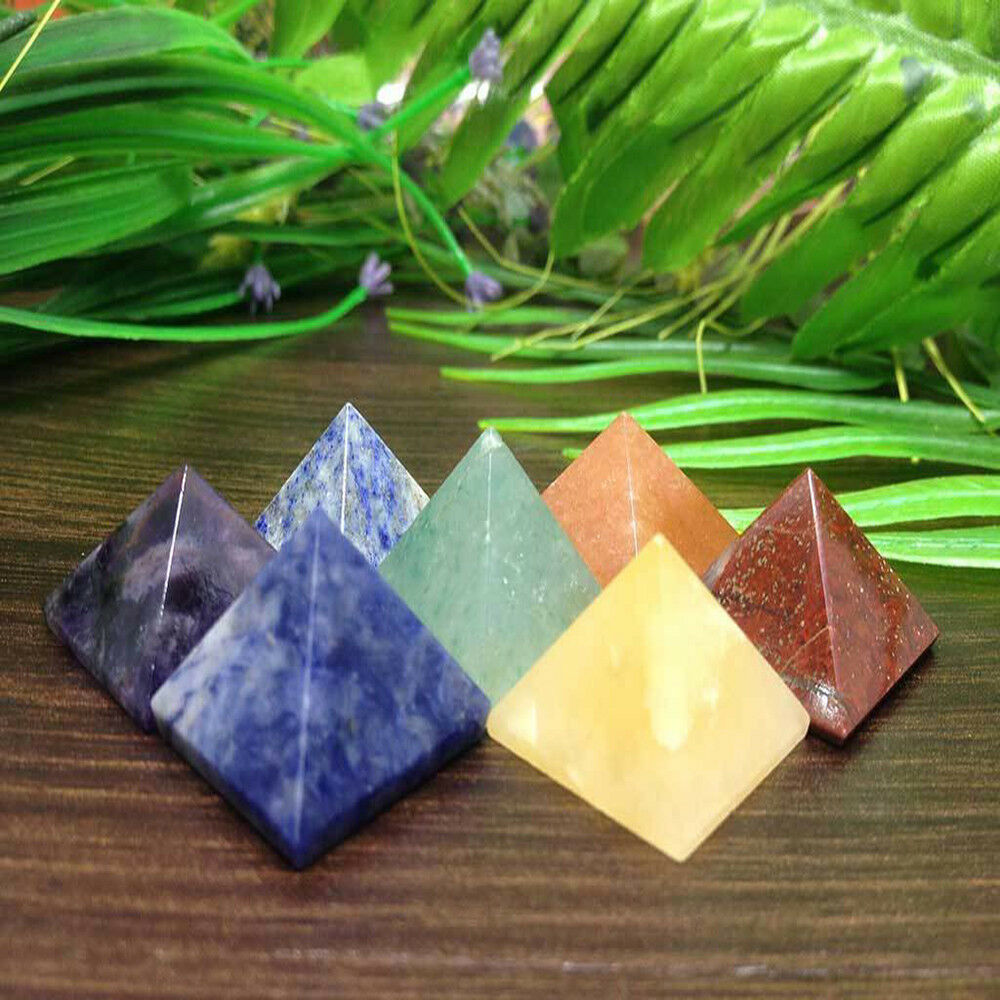Set of 7 Chakra Pyramid Stone Set Crystal Healing Wicca Natural Spirituality New