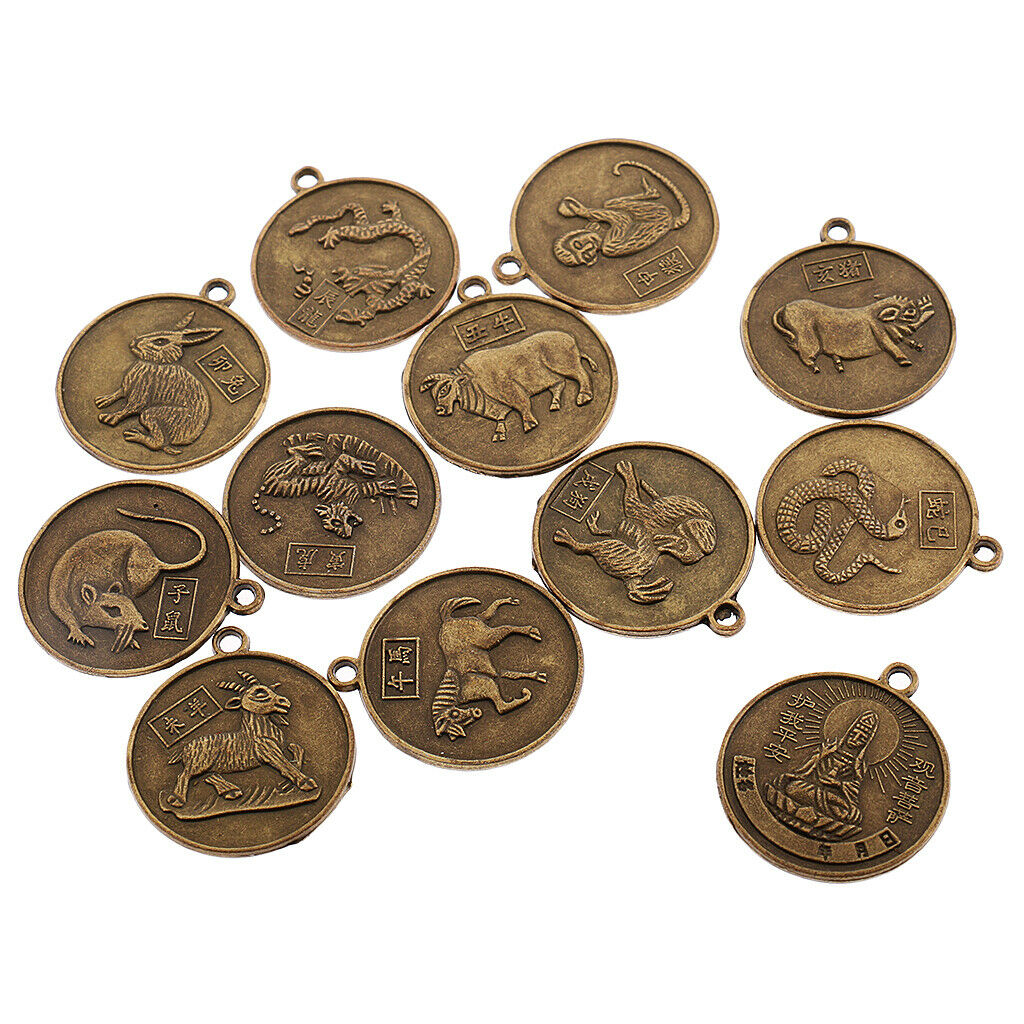 2X 12pcs/set Chinese Zodiac Signs Animals Coin Pendant Feng Shui Amulet Charms